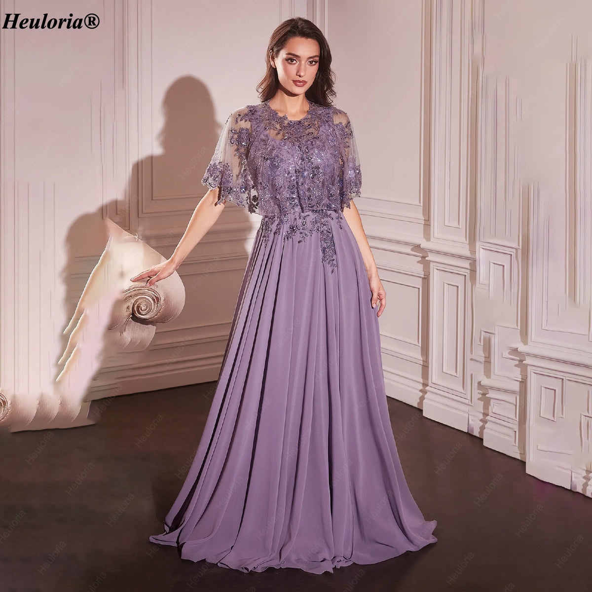 heuloria-Lace Applique Chiffon A-Line Mother of the Bride Dress with Cape-ed-378