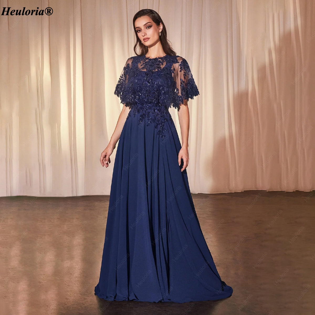 heuloria-Lace Applique Chiffon A-Line Mother of the Bride Dress with Cape-ed-378