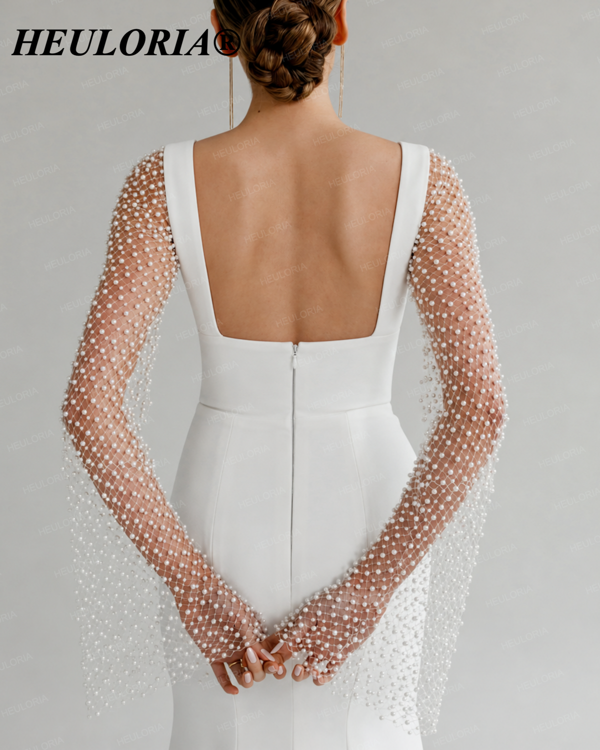 HEULORIA Minimalist Deep V-Neck Mermaid Wedding Dress with Detachable Pearl Sleeves ME-151