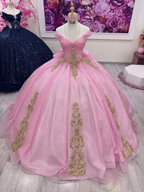 Pink Glitter Tulle Ball Gown Quinceañera Dress with Off Shoulder Sweetheart Neckline and Beaded Appliques BA-