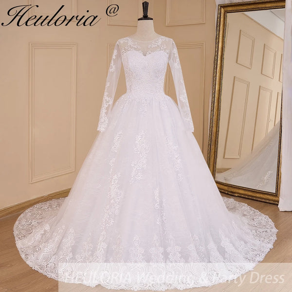 HEULORIA Ball-Gown/Princess V-Neck long sleeve Cathedral Train Tulle Lace Wedding Dress With Sequins