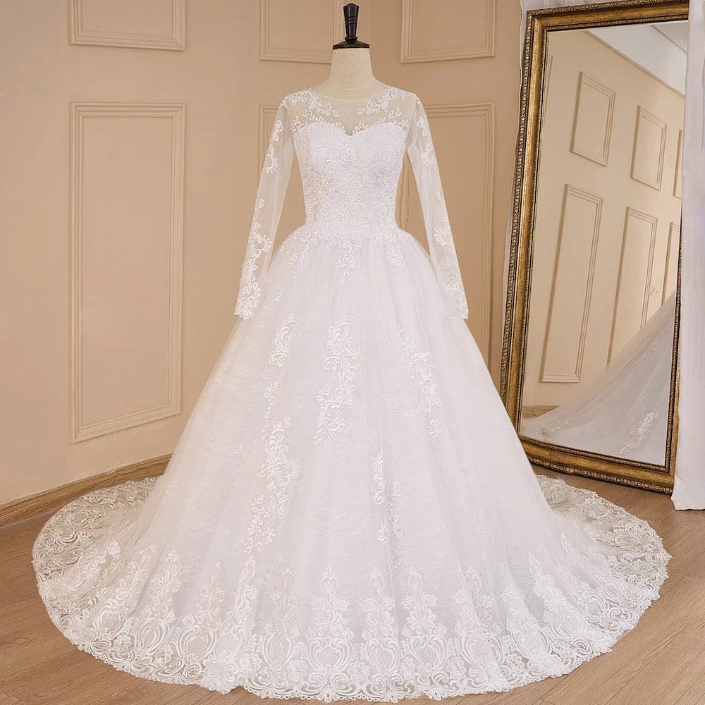 HEULORIA Ball-Gown/Princess V-Neck long sleeve Cathedral Train Tulle Lace Wedding Dress With Sequins BA-636