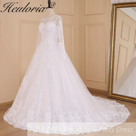 HEULORIA Ball-Gown/Princess V-Neck long sleeve Cathedral Train Tulle Lace Wedding Dress With Sequins