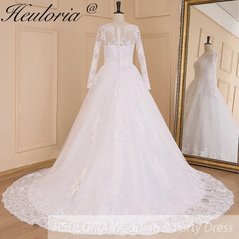 HEULORIA Ball-Gown/Princess V-Neck long sleeve Cathedral Train Tulle Lace Wedding Dress With Sequins