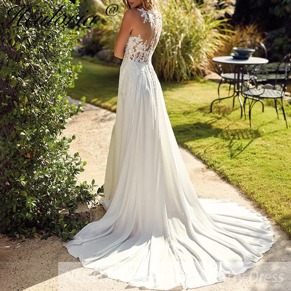 HEULORIA  elegant A line wedding dress Spaghetti Strap crepe lace chiffon bridal dress Robe De Mariee Wedding Bride Dress AL-QK95