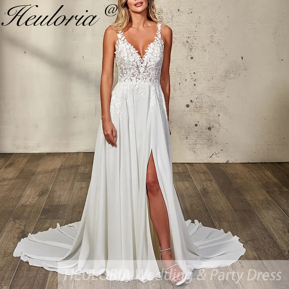 HEULORIA  elegant A line wedding dress Spaghetti Strap crepe lace chiffon bridal dress Robe De Mariee Wedding Bride Dress AL-QK95