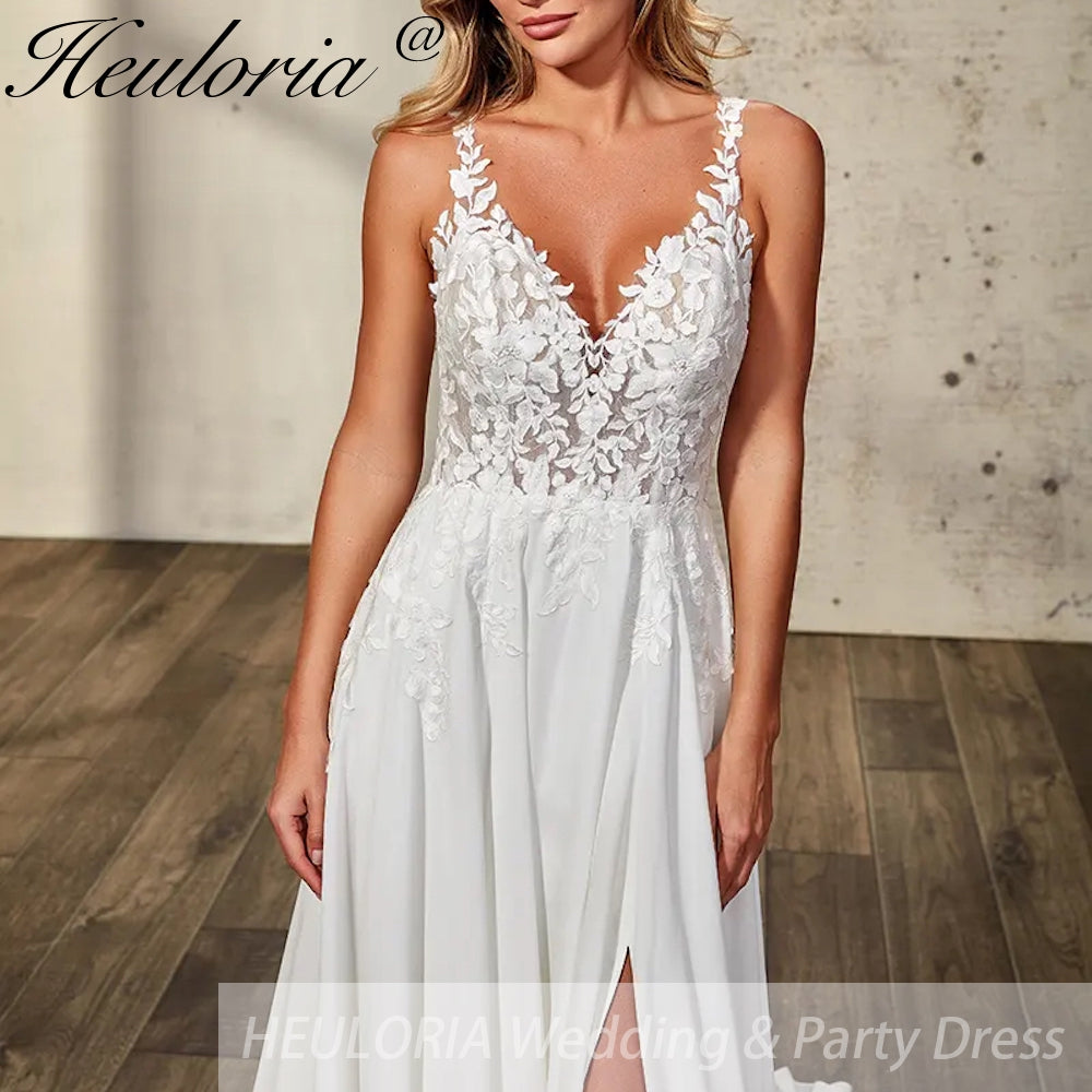 HEULORIA  elegant A line wedding dress Spaghetti Strap crepe lace chiffon bridal dress Robe De Mariee Wedding Bride Dress AL-QK95