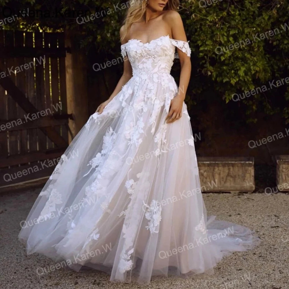 Elegant A line Wedding Dress Off-the-shoulder lace applique bride dress robe de mariee A line Wedding Bridal Gown AL-QK141 Main image