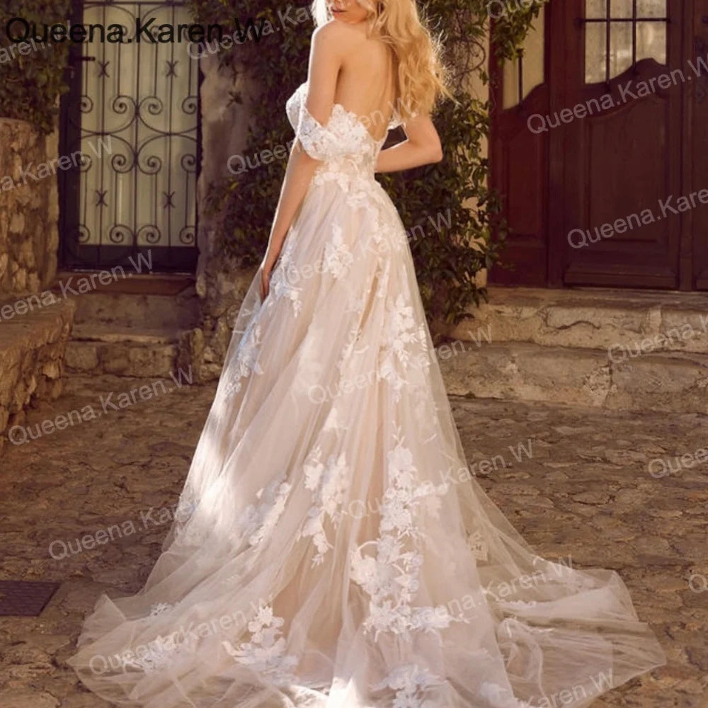 Elegant A line Wedding Dress Off-the-shoulder lace applique bride dress robe de mariee A line Wedding Bridal Gown AL-QK141