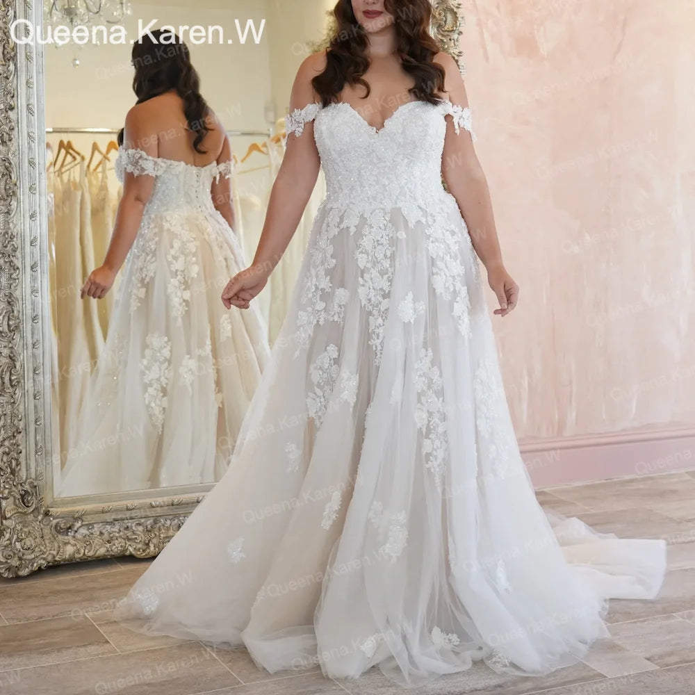 Elegant A line Wedding Dress Off-the-shoulder lace applique bride dress robe de mariee A line Wedding Bridal Gown AL-QK37 Main image