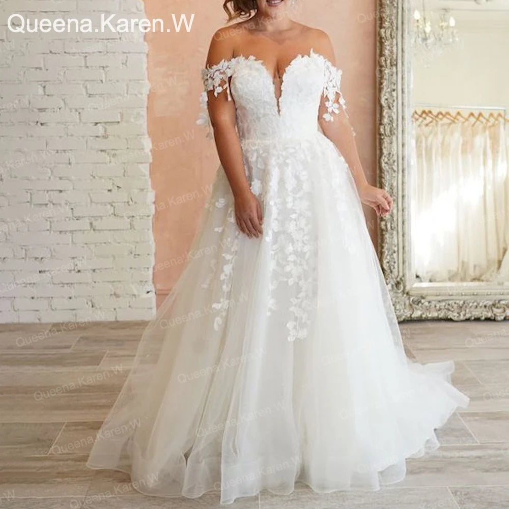 Elegant A line Wedding Dress Off-the-shoulder lace applique bride dress robe de mariee A line Wedding Bridal Gown AL-QK35 Main image