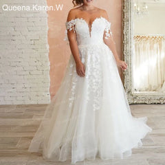 Elegant A line Wedding Dress Off-the-shoulder lace applique bride dress robe de mariee A line Wedding Bridal Gown AL-QK35