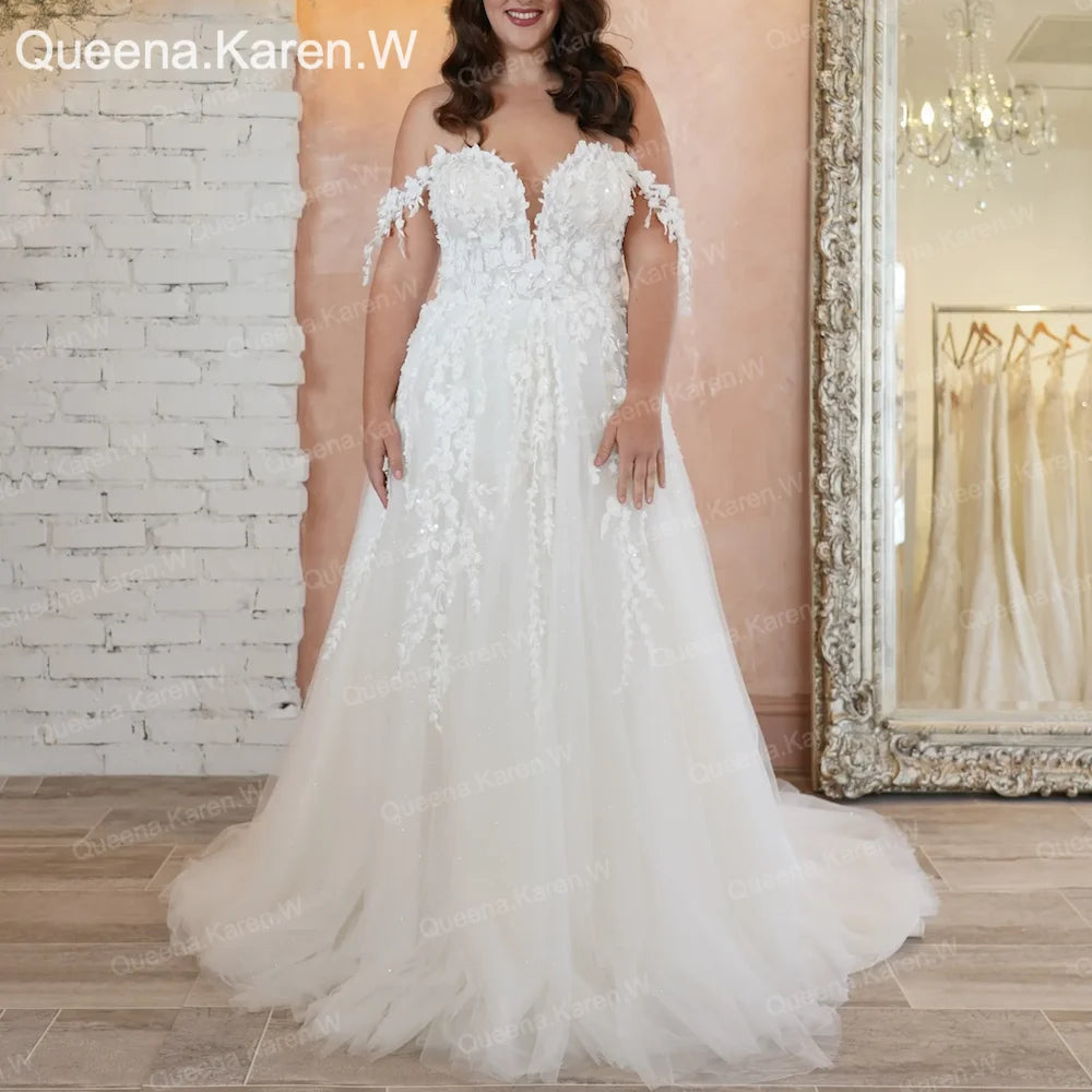 Elegant A line Wedding Dress Off-the-shoulder lace applique bride dress robe de mariee A line Wedding Bridal Gown