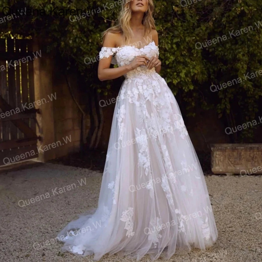 Elegant A line Wedding Dress Off-the-shoulder lace applique bride dress robe de mariee A line Wedding Bridal Gown AL-QK141