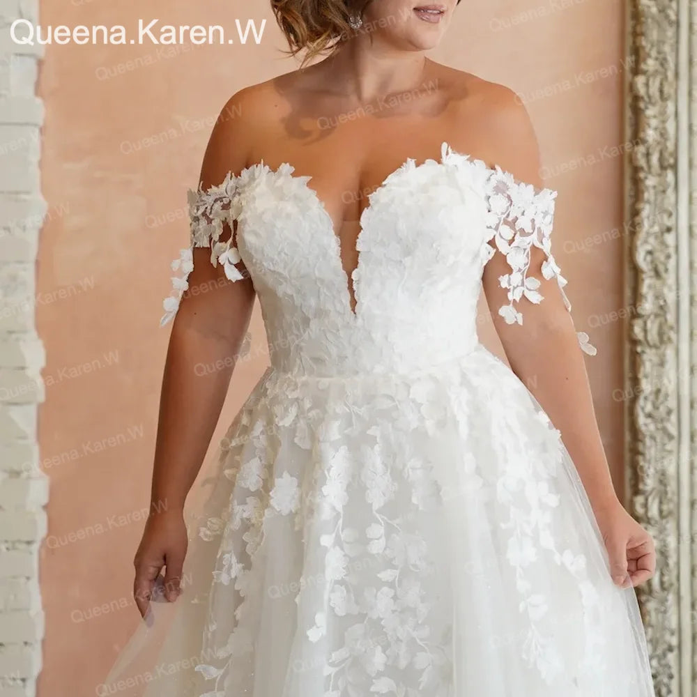 Elegant A line Wedding Dress Off-the-shoulder lace applique bride dress robe de mariee A line Wedding Bridal Gown AL-QK35