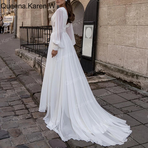 Elegant A line Wedding Dress long sleeve V neck chiffon bride dress robe de mariee A line Wedding Bridal Gown