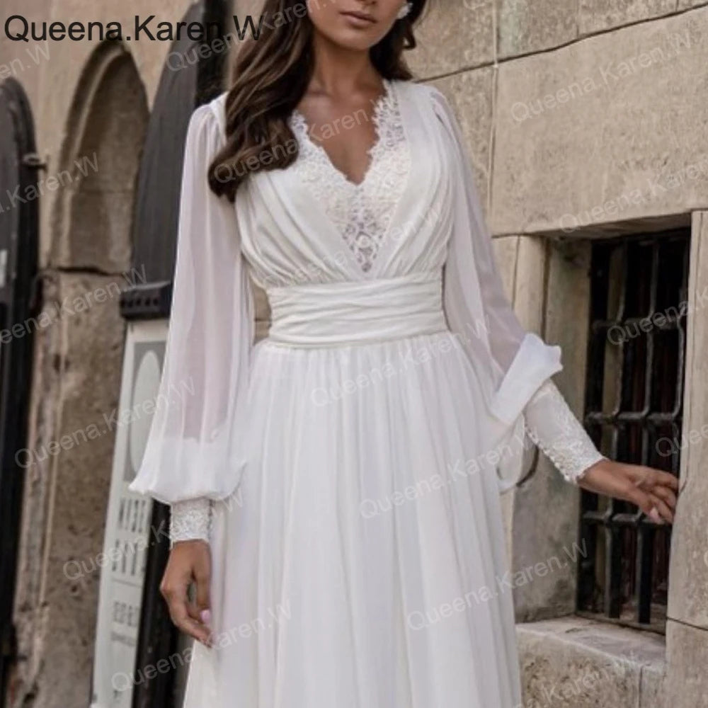 Elegant A line Wedding Dress long sleeve V neck chiffon bride dress robe de mariee A line Wedding Bridal Gown AL-QK260