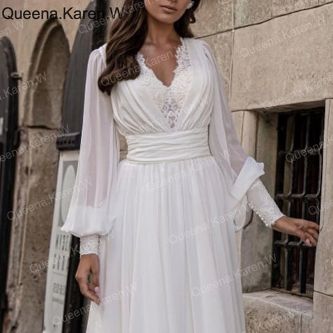 Elegant A line Wedding Dress long sleeve V neck chiffon bride dress robe de mariee A line Wedding Bridal Gown