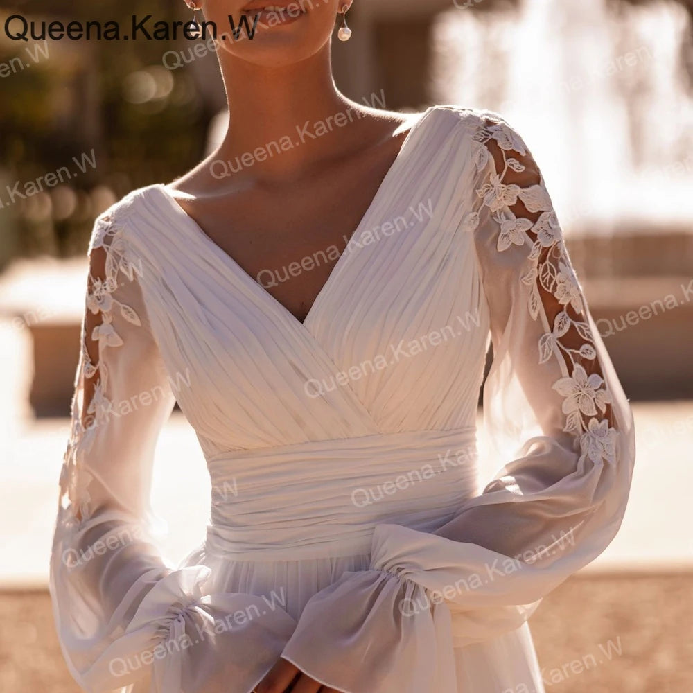 Elegant A line Wedding Dress long sleeve V neck chiffon bride dress robe de mariee A line Wedding Bridal Gown AL-QK227