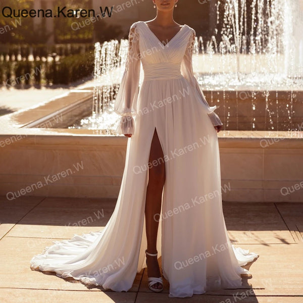 Elegant A line Wedding Dress long sleeve V neck chiffon bride dress robe de mariee A line Wedding Bridal Gown
