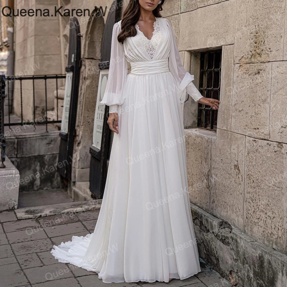 Elegant A line Wedding Dress long sleeve V neck chiffon bride dress robe de mariee A line Wedding Bridal Gown AL-QK260