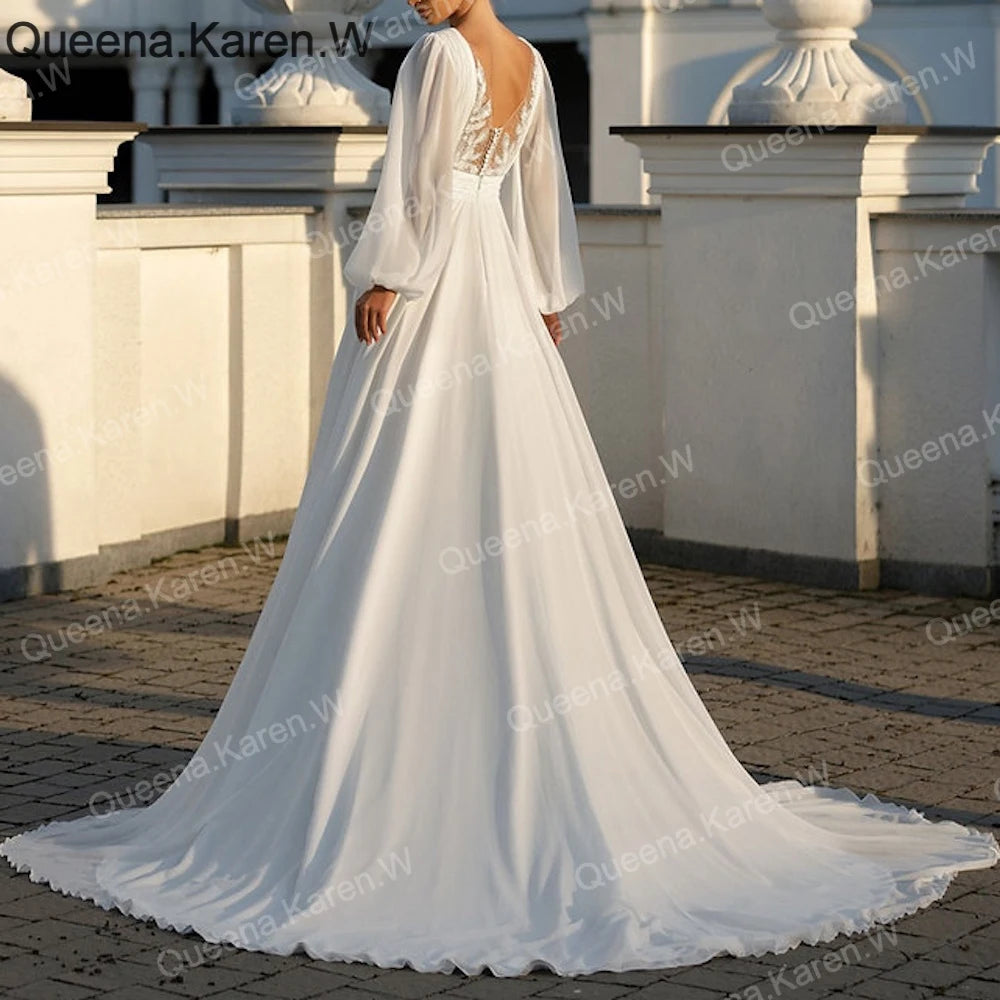 Elegant A line Wedding Dress long sleeve V neck lace chiffon bride dress high split robe de mariee A line Wedding Bridal Gown AL-QK169
