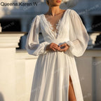 Elegant A line Wedding Dress long sleeve V neck lace chiffon bride dress high split robe de mariee A line Wedding Bridal Gown AL-QK169