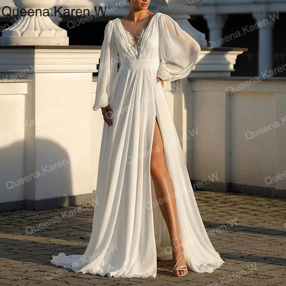 Elegant A line Wedding Dress long sleeve V neck lace chiffon bride dress high split robe de mariee A line Wedding Bridal Gown AL-QK169