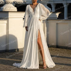 Elegant A line Wedding Dress long sleeve V neck lace chiffon bride dress high split robe de mariee A line Wedding Bridal Gown AL-QK169