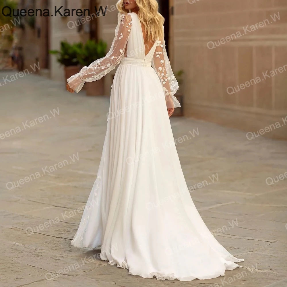Elegant A line Wedding Dress long sleeve V neck lace chiffon bride dress robe de mariee A line Wedding Bridal Gown AL-QK168