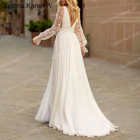Elegant A line Wedding Dress long sleeve V neck lace chiffon bride dress robe de mariee A line Wedding Bridal Gown