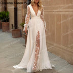 Elegant A line Wedding Dress long sleeve V neck lace chiffon bride dress robe de mariee A line Wedding Bridal Gown AL-QK168
