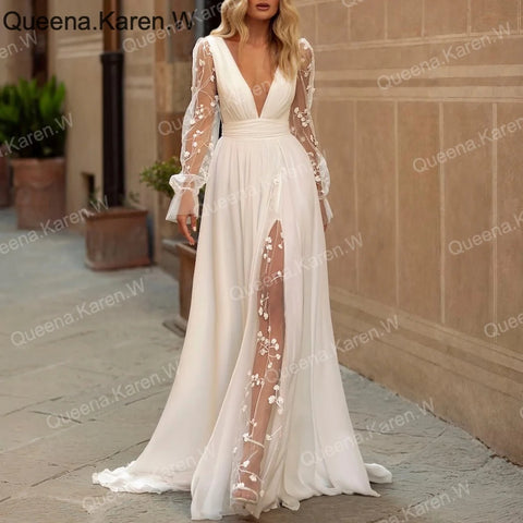 Elegant A line Wedding Dress long sleeve V neck lace chiffon bride dress robe de mariee A line Wedding Bridal Gown