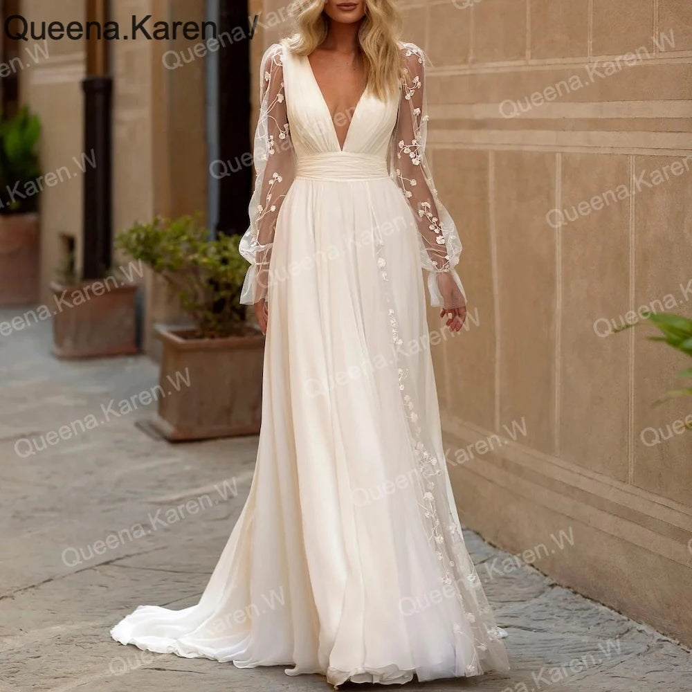 Elegant A line Wedding Dress long sleeve V neck lace chiffon bride dress robe de mariee A line Wedding Bridal Gown AL-QK168 Main image