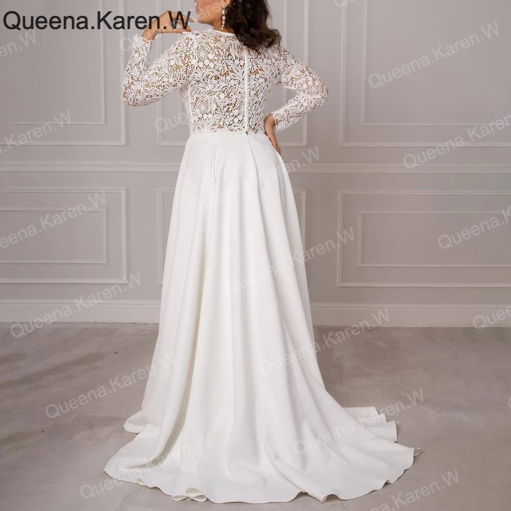 Elegant A line Wedding Dress long sleeve V neck satin bride dress robe de mariee A line Wedding Bridal Gown AL-QK258