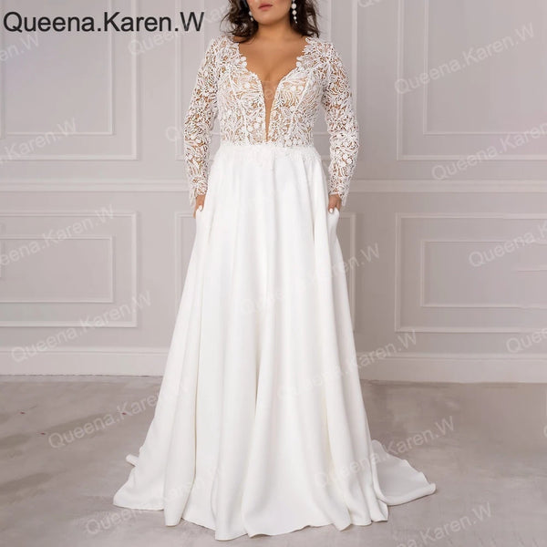 Elegant A line Wedding Dress long sleeve V neck satin bride dress robe de mariee A line Wedding Bridal Gown