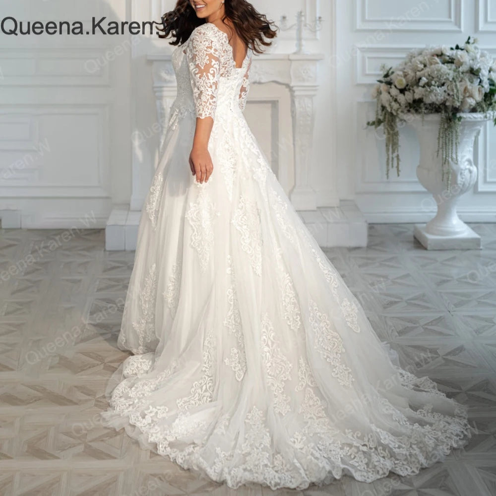 Elegant A line Wedding Dress long sleeve lace applique bride dress robe de mariee A line Wedding Bridal Gown AL-QK3