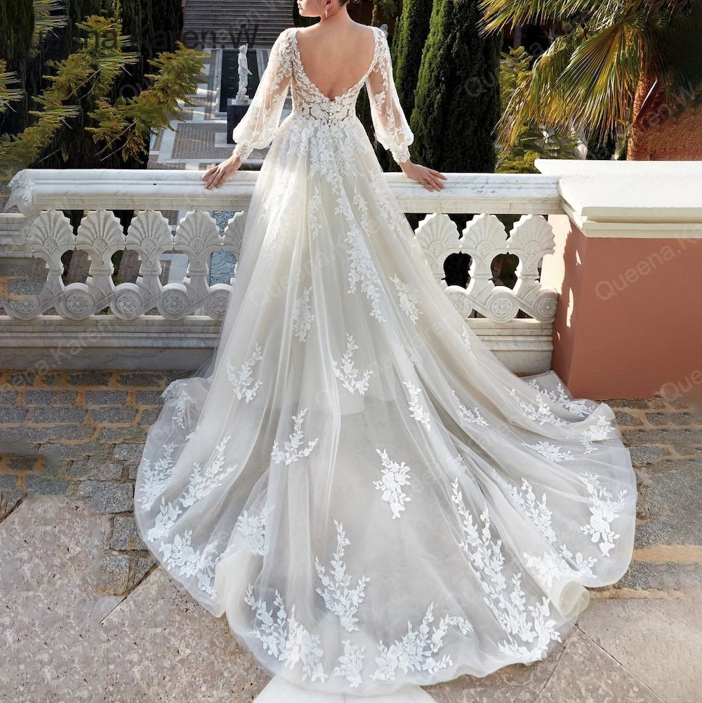 Elegant A line Wedding Dress long sleeve lace applique bride dress robe de mariee A line Wedding Bridal Gown AL-QK2
