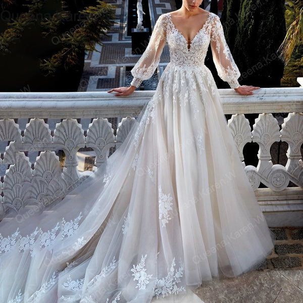 Elegant A line Wedding Dress long sleeve lace applique bride dress robe de mariee A line Wedding Bridal Gown