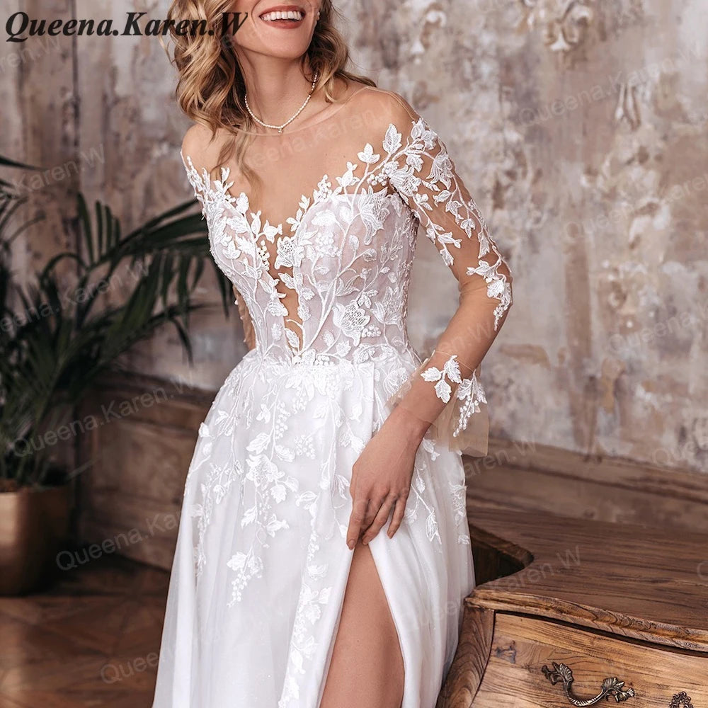 Elegant A line Wedding Dress long sleeve off shoulder applique bride dress robe de mariee A line Wedding Bridal Gown AL-QK71