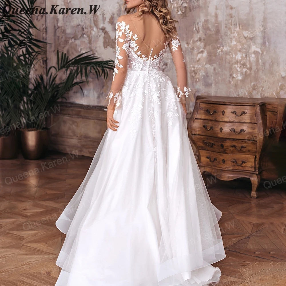 Elegant A line Wedding Dress long sleeve off shoulder applique bride dress robe de mariee A line Wedding Bridal Gown AL-QK71