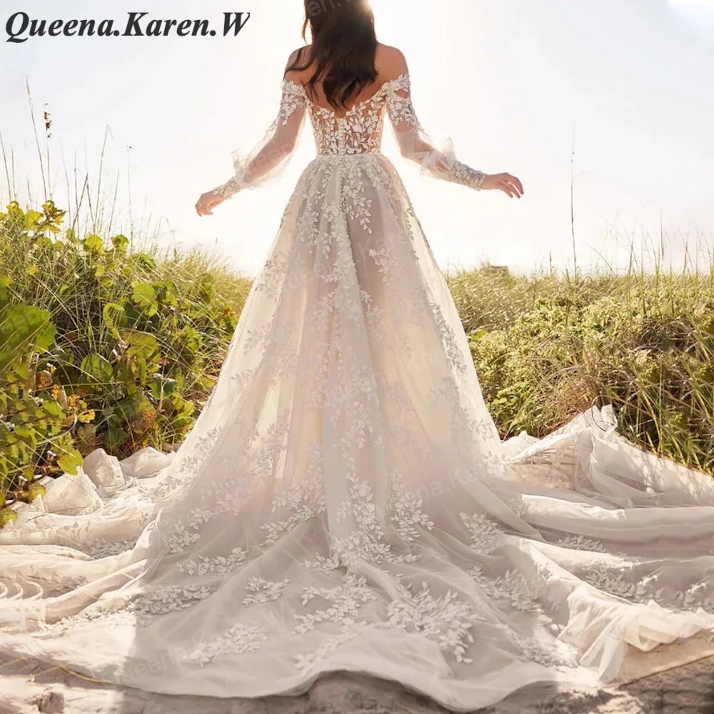 Elegant A line Wedding Dress long sleeve off shoulder lace applique bride dress robe de mariee A line Wedding Bridal Gown AL-QK94