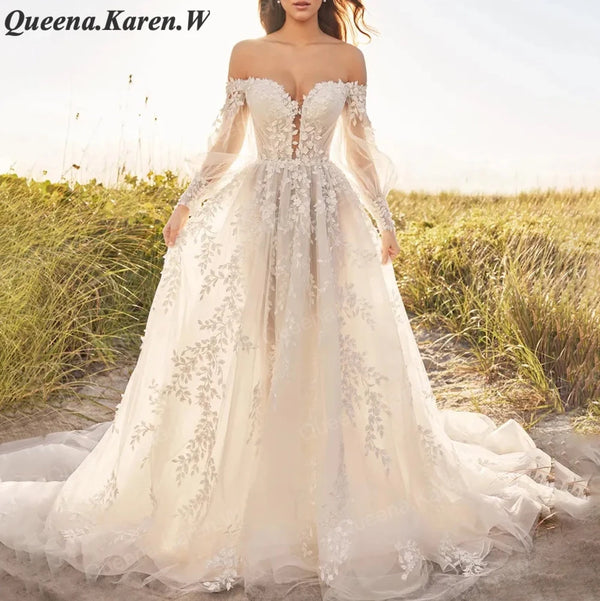 Elegant A line Wedding Dress long sleeve off shoulder lace applique bride dress robe de mariee A line Wedding Bridal Gown