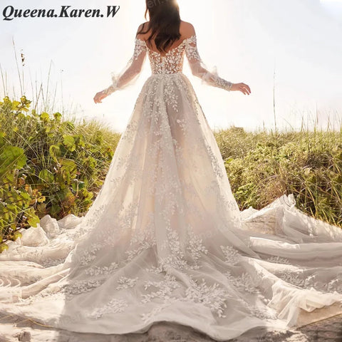 Elegant A line Wedding Dress long sleeve off shoulder lace applique bride dress robe de mariee A line Wedding Bridal Gown