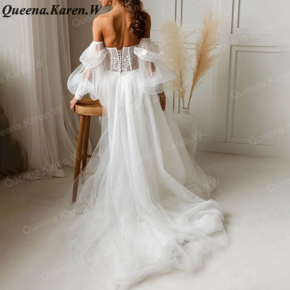 Elegant A line Wedding Dress off shoulder lace applique bride dress robe de mariee A line Wedding Bridal Gown AL-QK78
