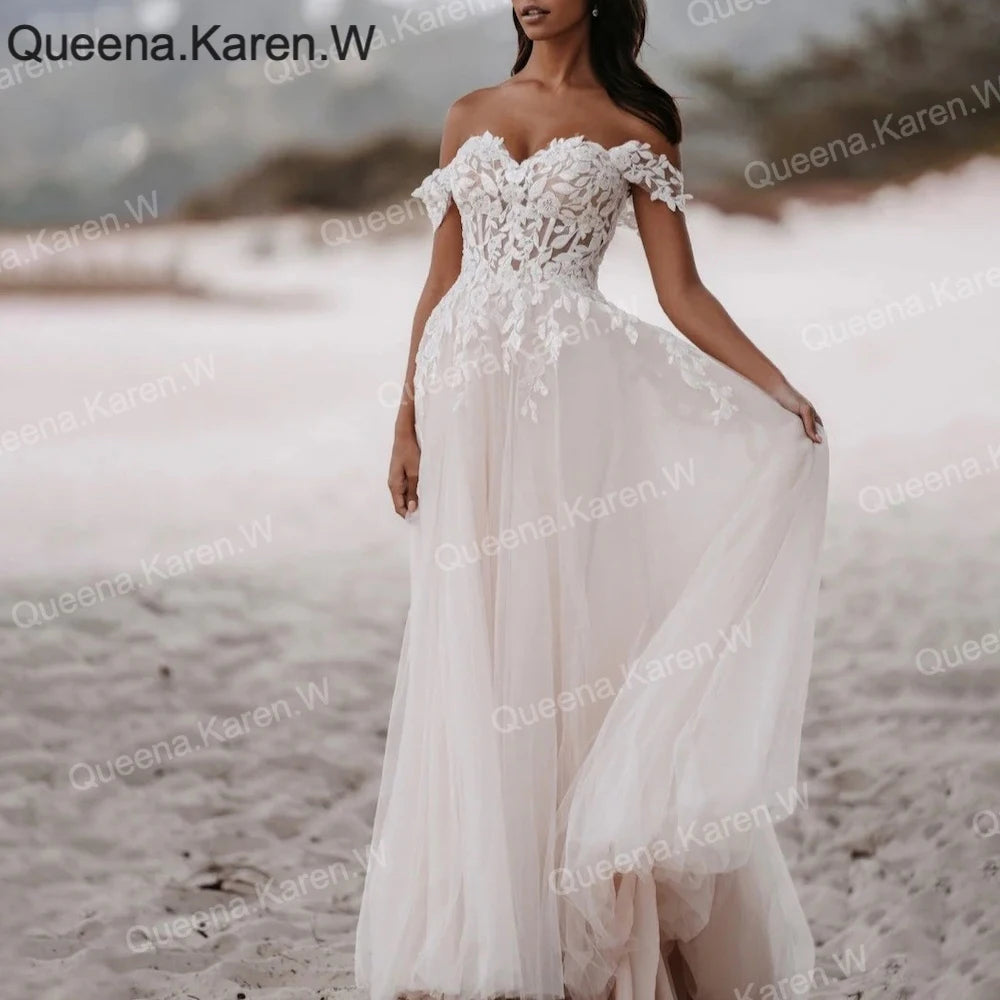 Elegant A line Wedding Dress off shoulder lace applique bride dress robe de mariee A line Wedding Bridal Gown AL-QK34