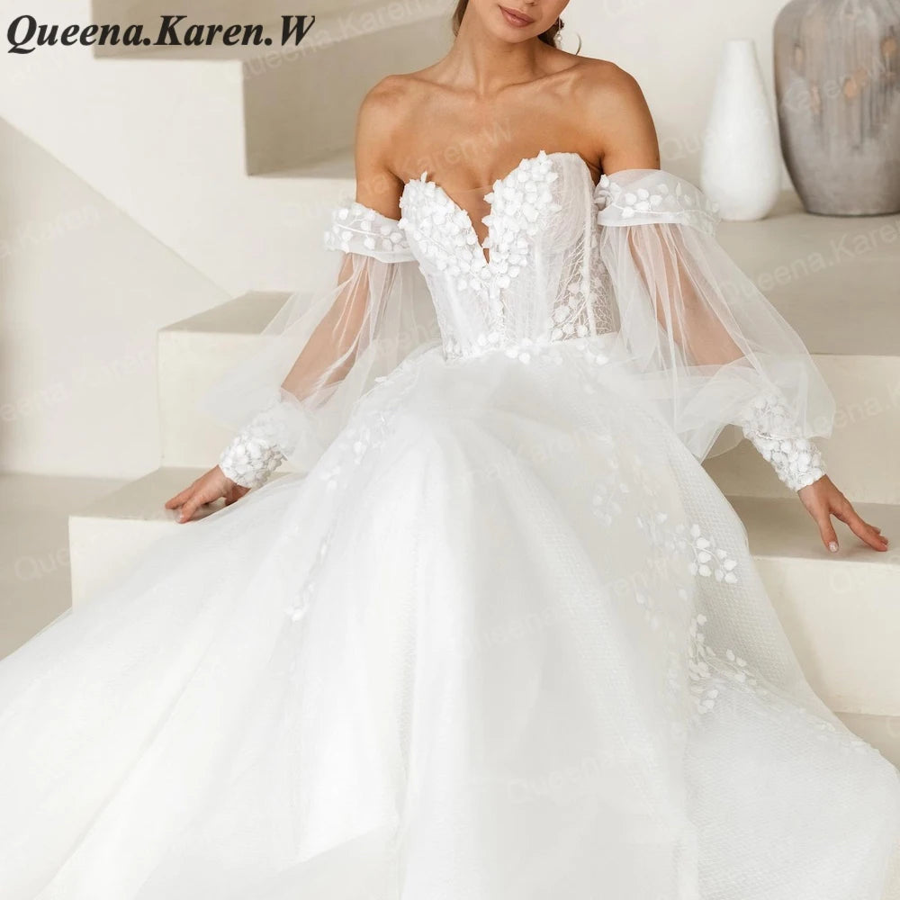 Elegant A line Wedding Dress off shoulder lace applique bride dress robe de mariee A line Wedding Bridal Gown AL-QK78