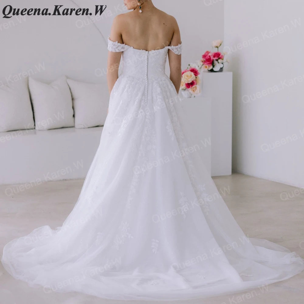 Elegant A line Wedding Dress off shouler lace applique bride dress robe de mariee A line Wedding Bridal Gown AL-QK69