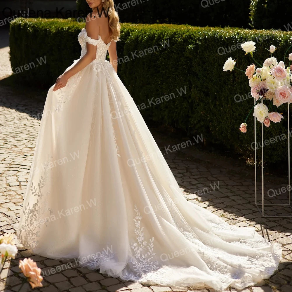 Elegant A line Wedding Dress off shouler sweetheart floral lace applique bride dress robe de mariee A line Wedding Bridal Gown AL-QK26
