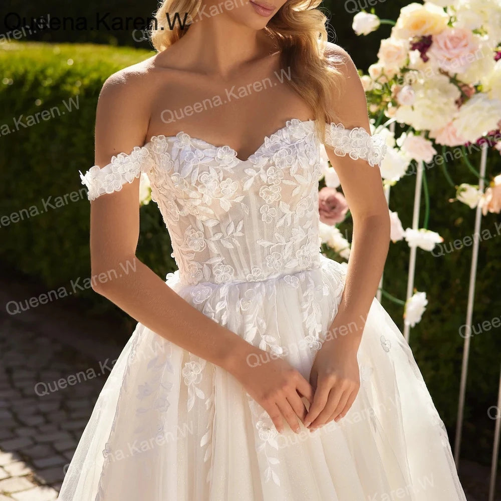 Elegant A line Wedding Dress off shouler sweetheart floral lace applique bride dress robe de mariee A line Wedding Bridal Gown AL-QK26